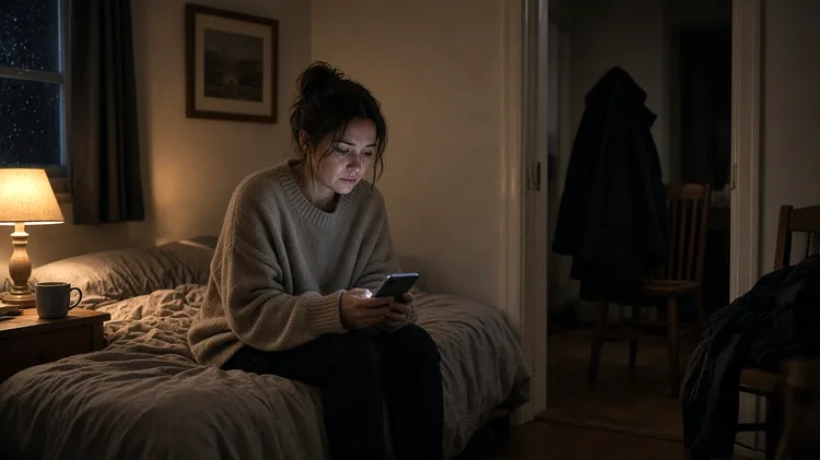 Woman lying on a bed at night looking at her phone, with a man's jacket on a chair seen through the doorway - Am I in a situationship quiz